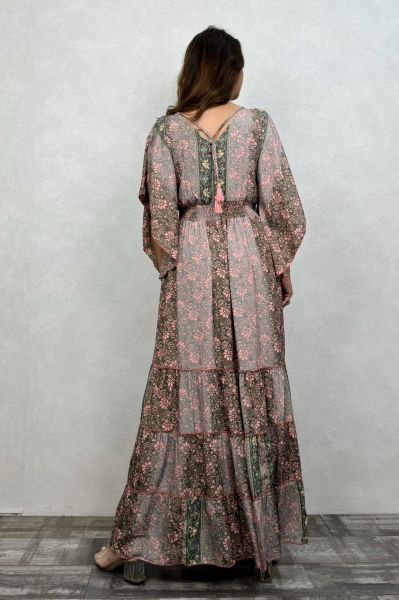 Valensiya Yarasa Kol İpek Elbise -Kahve Pembe