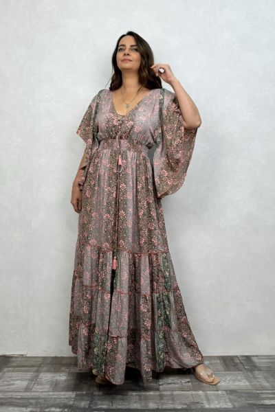 Valensiya Yarasa Kol İpek Elbise -Kahve Pembe