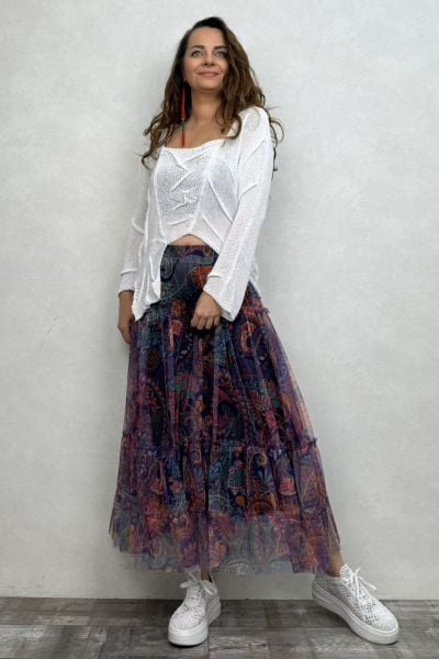 Pera Bluz ve Tül Etek Kombin - Beyaz Mor Tribal