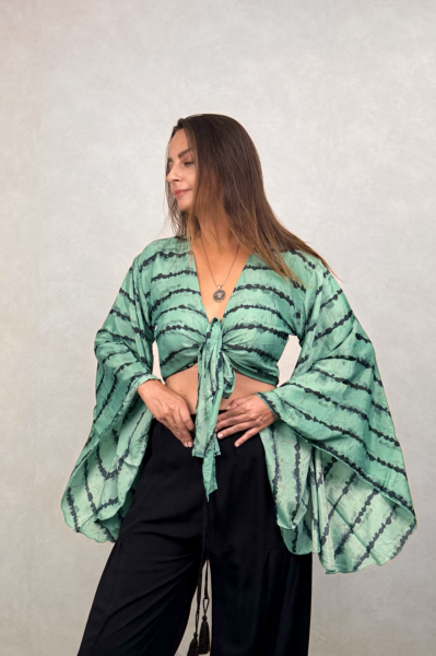 Kimono Kol İpek Bolero Bluz - Yeşil Turkuaz