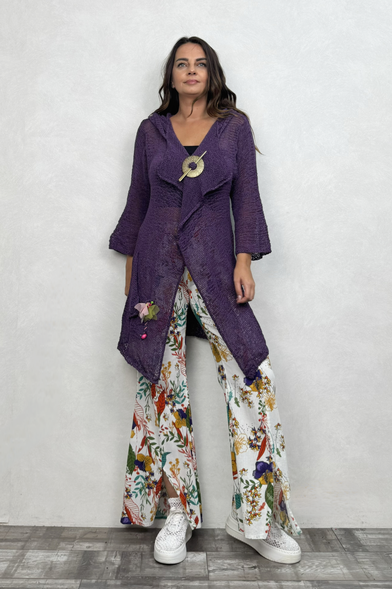 Shaggy Kapşonlu Merserize Hırka - Mor