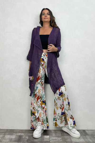 Shaggy Kapşonlu Merserize Hırka - Mor