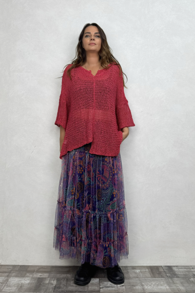 Merserize Bluz ve Tül Etek Kombin -Nar Çiçeği Mor Tribal