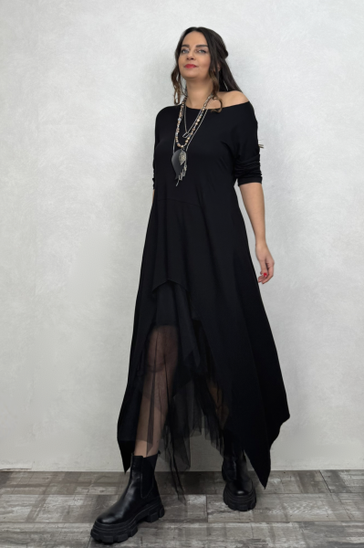 Maxi Viskon Tunik ve Kat Kat Tül Etek Kombin - Siyah
