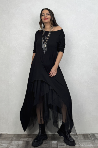 Maxi Viskon Tunik ve Kat Kat Tül Etek Kombin - Siyah