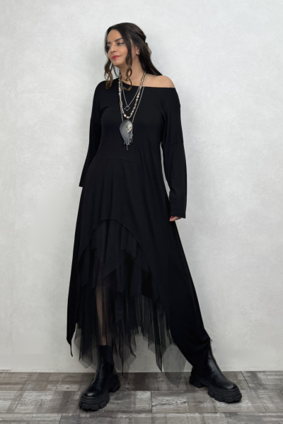 Maxi Viskon Tunik ve Kat Kat Tül Etek Kombin - Siyah