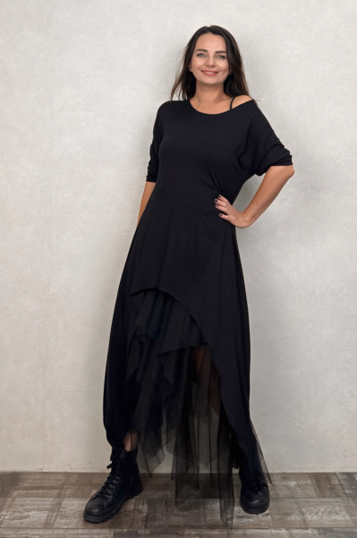 Maxi Viskon Tunik ve Kat Kat Tül Etek Kombin - Siyah