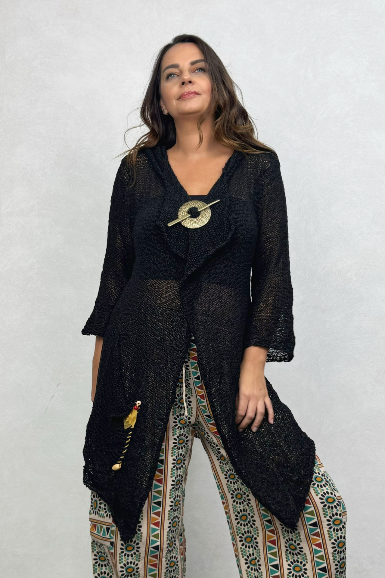 Shaggy Kapşonlu Merserize Hırka - Siyah