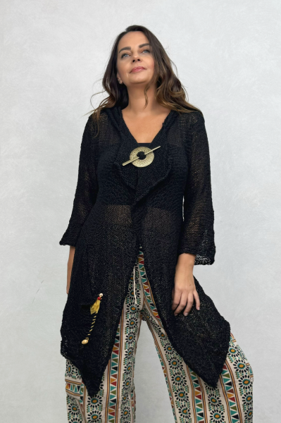 Shaggy Kapşonlu Merserize Hırka - Siyah