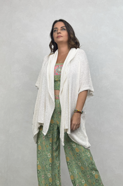 Boho Kapşonlu Merserize Hırka - Ekru
