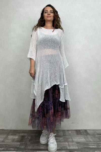 Merserize Tunik ve Tül Etek Kombin - Beyaz Tribal