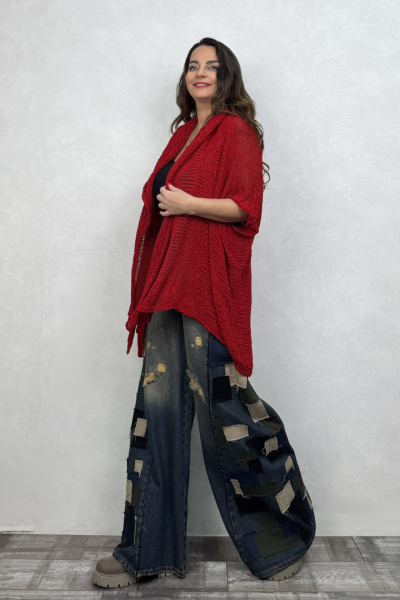Boho Kapşonlu Merserize Hırka -Kırmızı