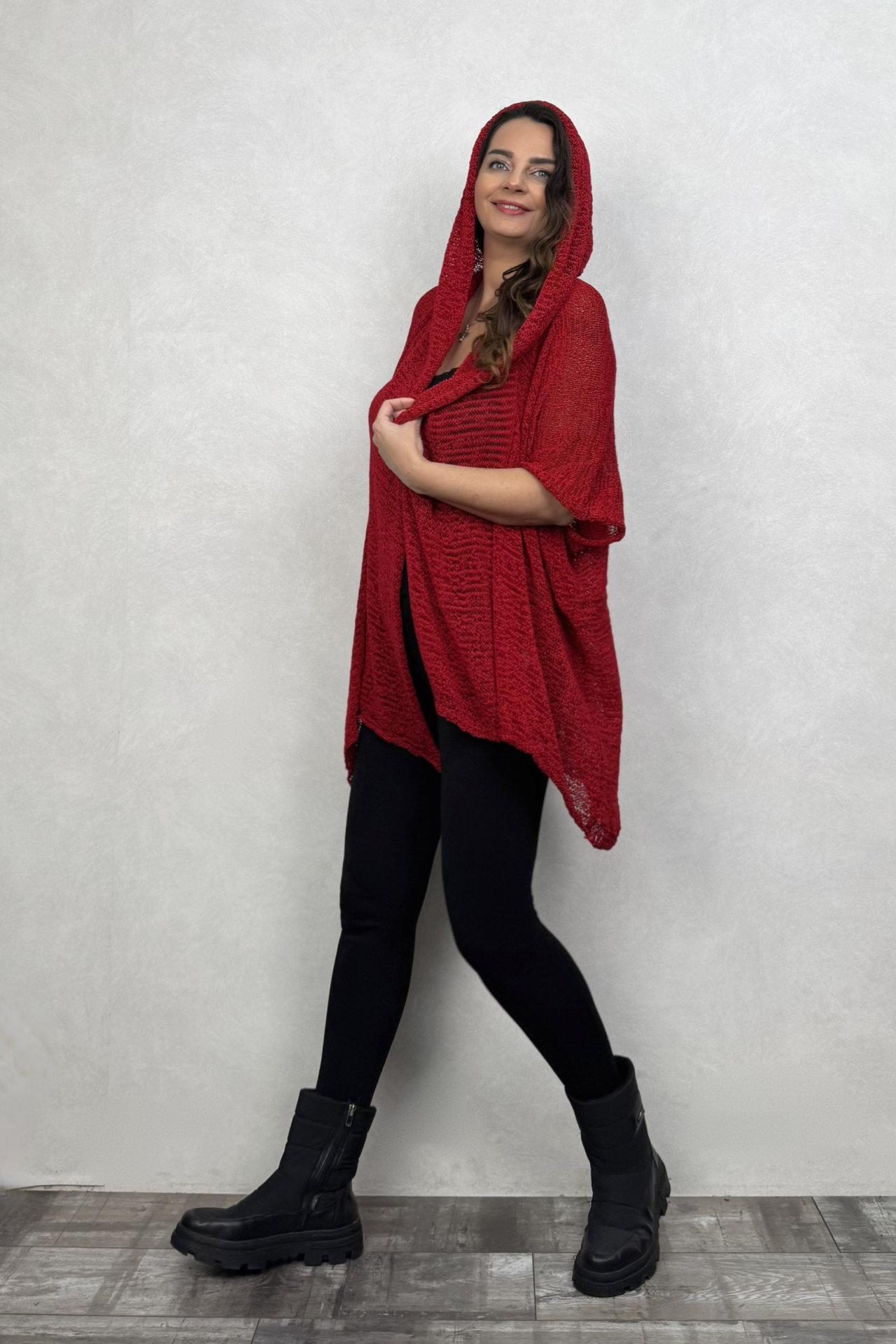 Boho Kapşonlu Merserize Hırka -Kırmızı