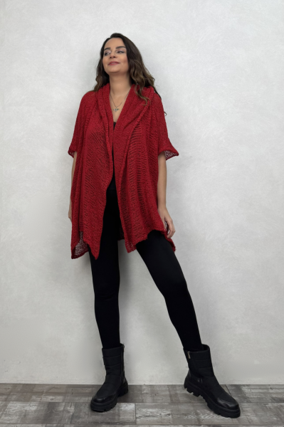 Boho Kapşonlu Merserize Hırka -Kırmızı