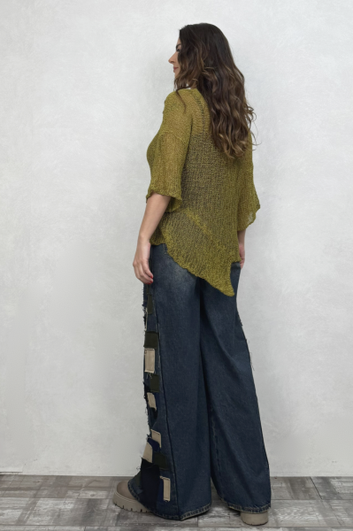 Parça Detaylı Asimetrik Merserize Bluz - Zeytuni