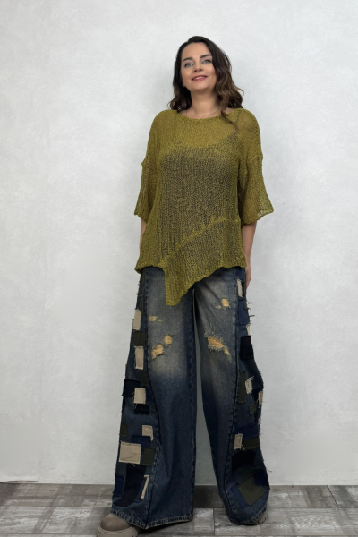 Parça Detaylı Asimetrik Merserize Bluz - Zeytuni