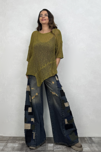 Parça Detaylı Asimetrik Merserize Bluz - Zeytuni