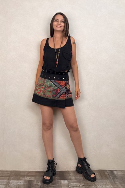 Çıtçıt Kapamalı Patch Anvelop Mini Etek - Siyah