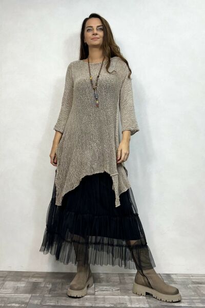 Merserize Tunik ve Tül Etek Kombin - Vizon Siyah