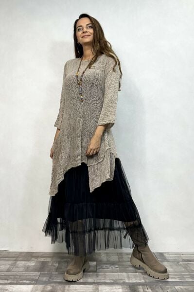 Merserize Tunik ve Tül Etek Kombin - Vizon Siyah