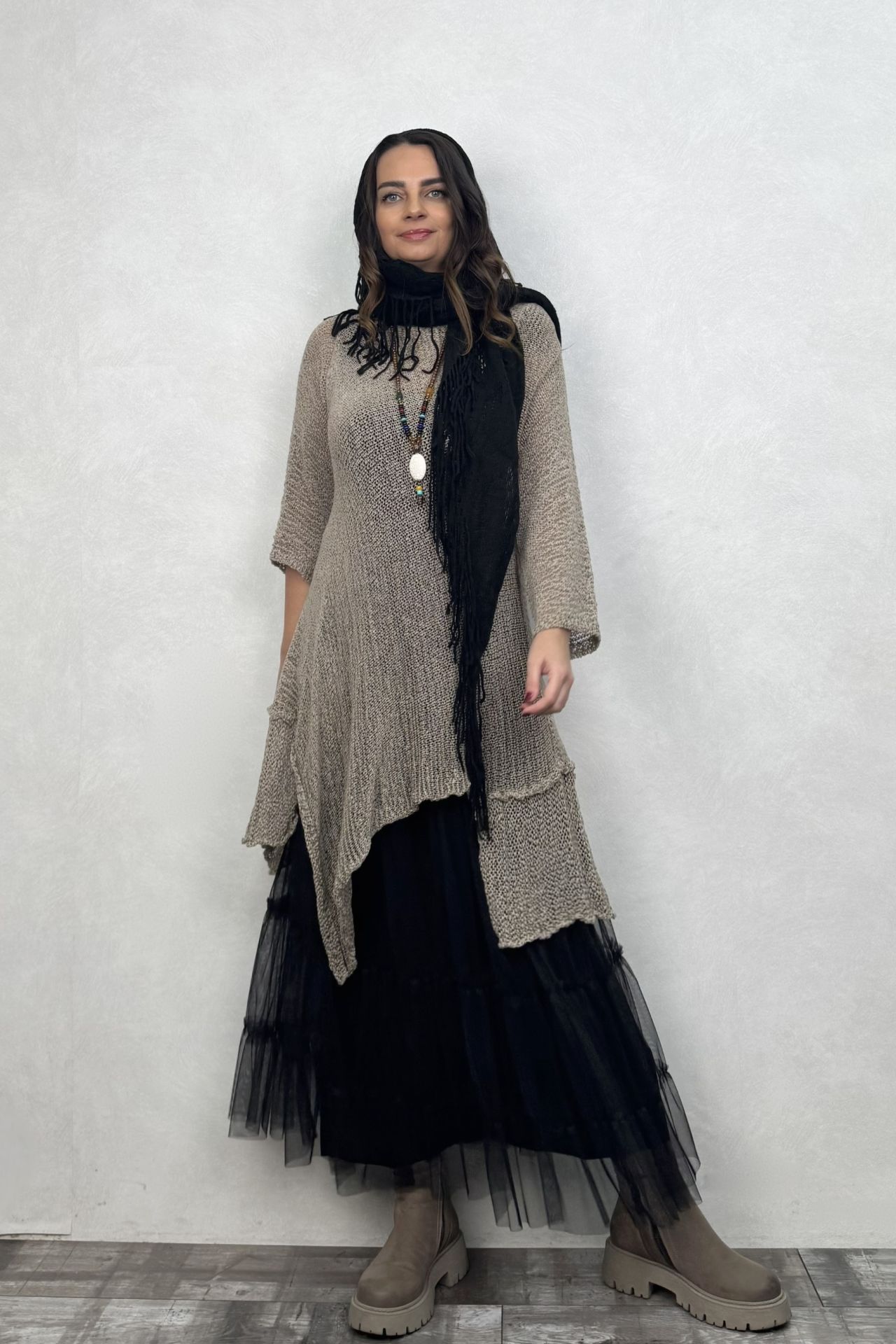 Merserize Tunik ve Tül Etek Kombin - Vizon Siyah