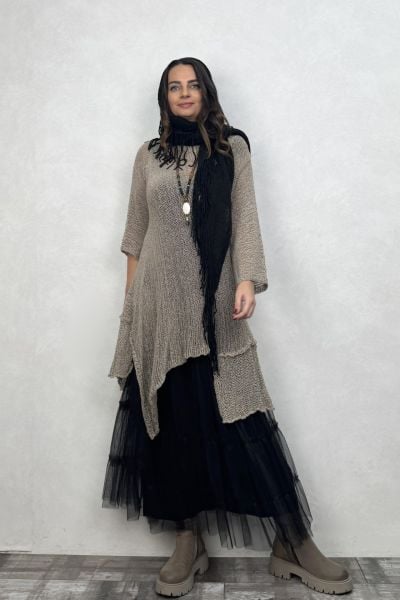 Merserize Tunik ve Tül Etek Kombin - Vizon Siyah