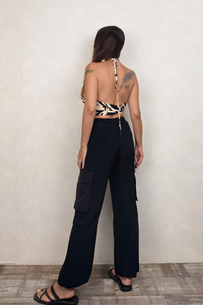 Boyundan Bağlamalı Kuplu Crop Bluz -Beyaz Zebra