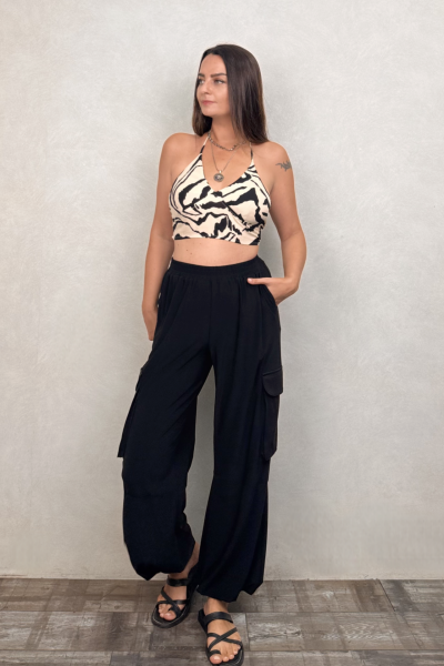 Boyundan Bağlamalı Kuplu Crop Bluz -Beyaz Zebra