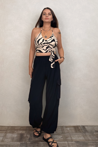 Boyundan Bağlamalı Kuplu Crop Bluz -Beyaz Zebra
