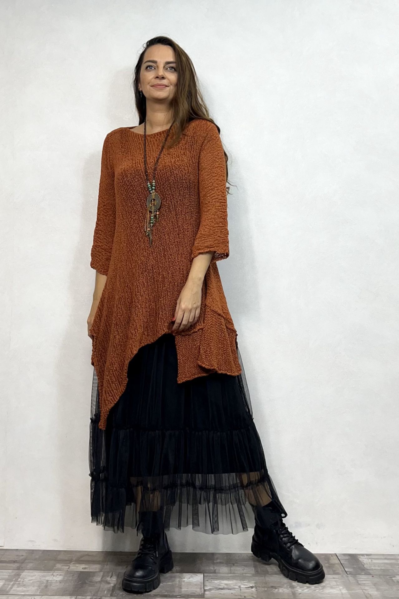 Merserize Tunik ve Tül Etek Kombin - Tarçın Siyah