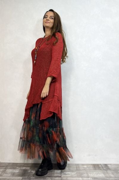 Merserize Tunik ve Tül Etek Kombin - Kırmızı