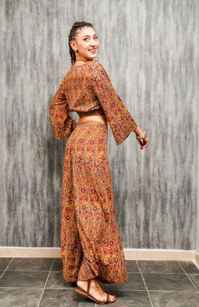 Bohem Crop Gömlek Bluz - Hardal Desenli