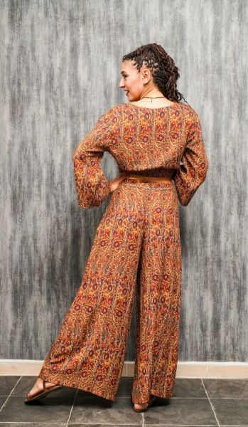 Bohem Crop Gömlek Bluz - Hardal Desenli