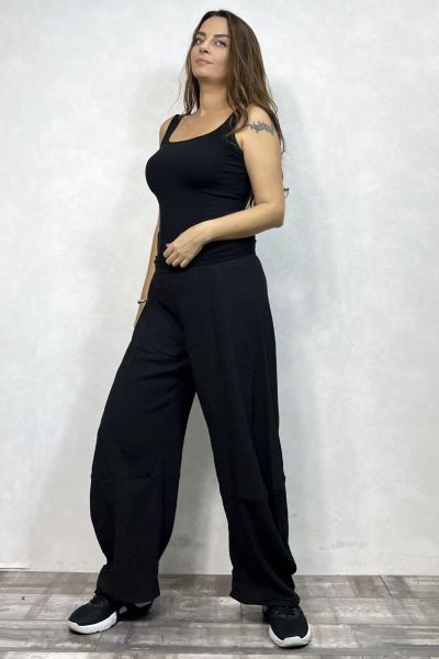 Paça Detaylı Gofre Pantolon - Siyah