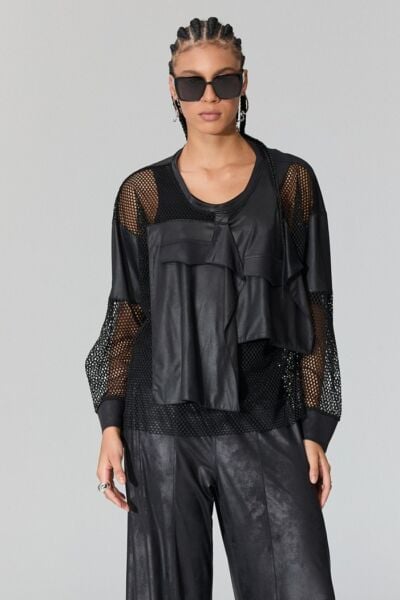 Lamante West Deri Detaylı Bluz - Siyah