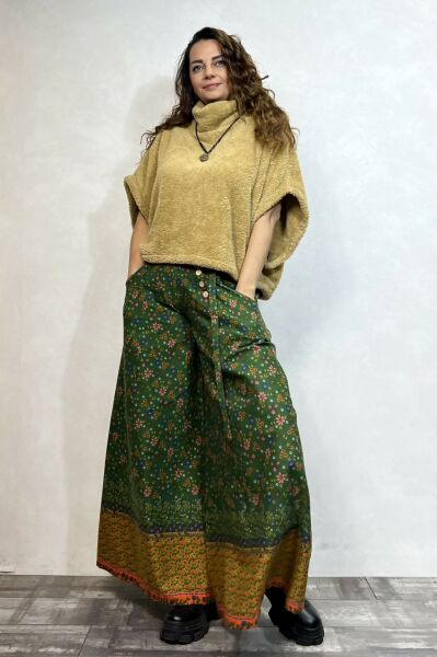 Düşük Bel Düğmeli Bol Paça Pantolon - Çigan