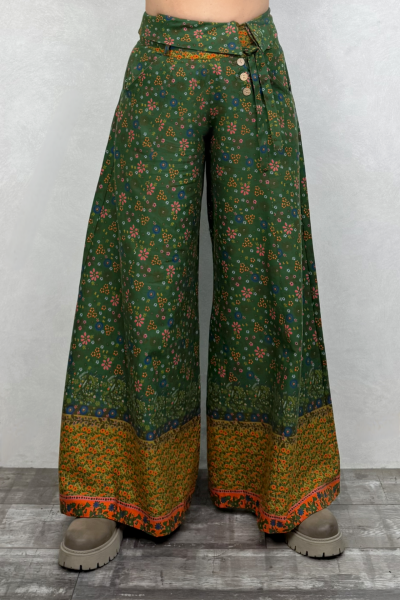 Düşük Bel Düğmeli Bol Paça Pantolon - Çigan