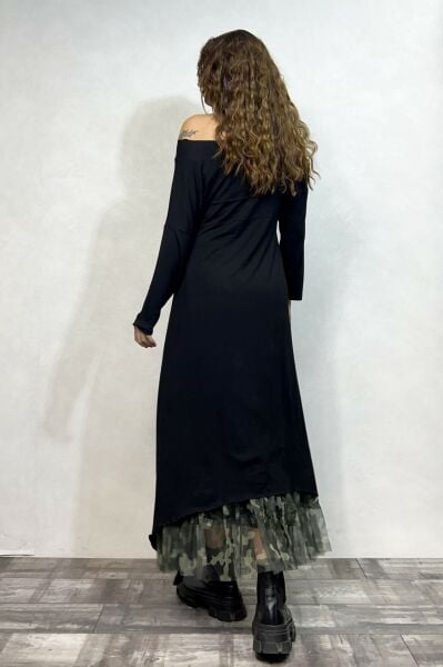 Asimetrik Maxi Uzun Tunik Elbise - Siyah