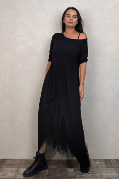 Asimetrik Maxi Uzun Tunik Elbise - Siyah