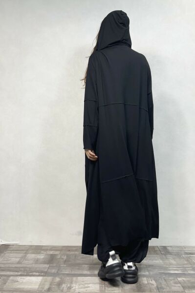 Sasha Kapşonlu Patch Uzun Kaftan  - Siyah