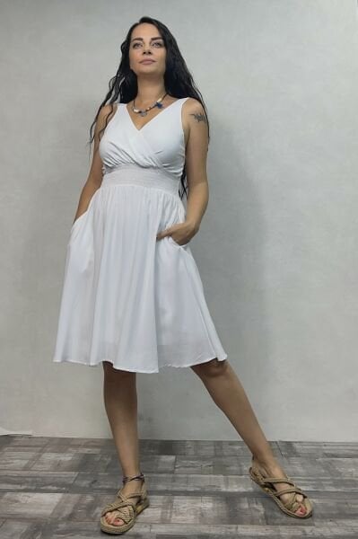 V Yaka Cepli, Şık Kalın Askılı Elbise - Beyaz