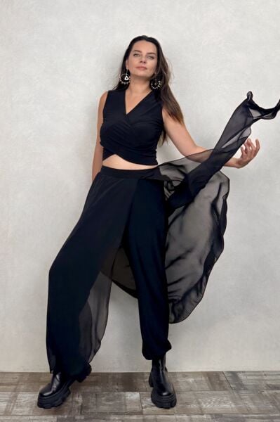 Lamante Lea Tül Kapaklı Pantolon - Siyah