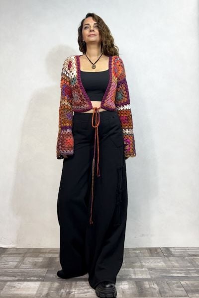Motifli Bağlamalı El Örgüsü Hırka - Renkli