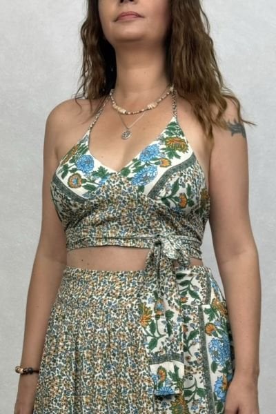 Boyundan Bağlamalı Kuplu Crop Bluz - Çiçekli Beyaz