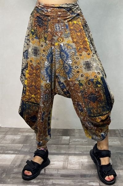 Drape Bel Detaylı Dökümlü Şalvar Pantolon - Desenli Gri