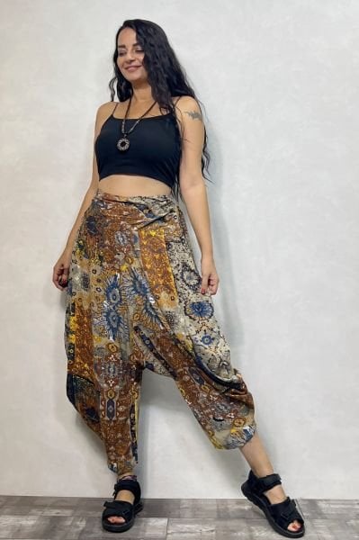 Drape Bel Detaylı Dökümlü Şalvar Pantolon - Desenli Gri