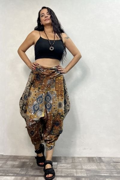 Drape Bel Detaylı Dökümlü Şalvar Pantolon - Desenli Gri