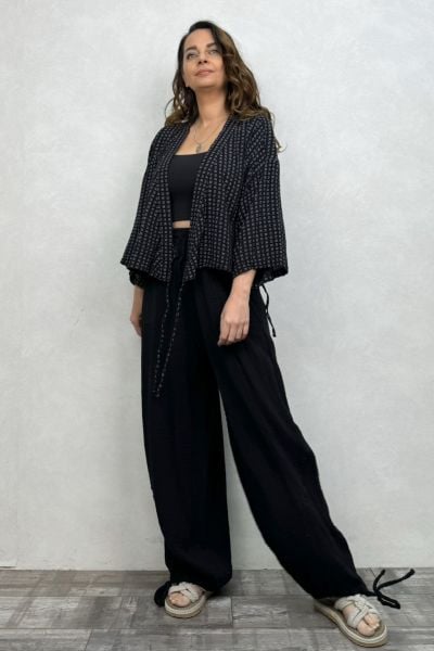 Verona Desenli Müslin Kimono - Siyah