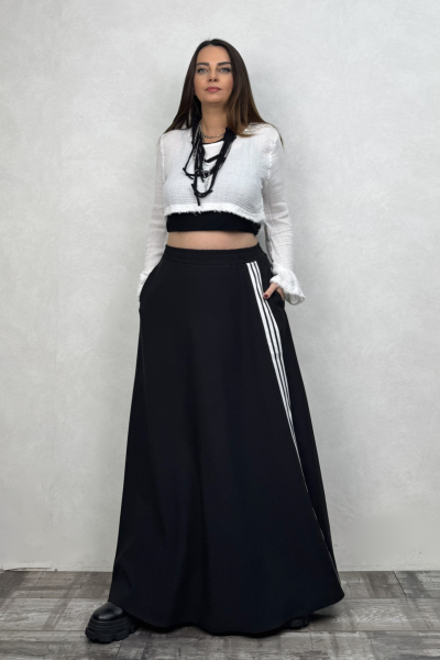 Şerit Detaylı Maxi Etek - Siyah