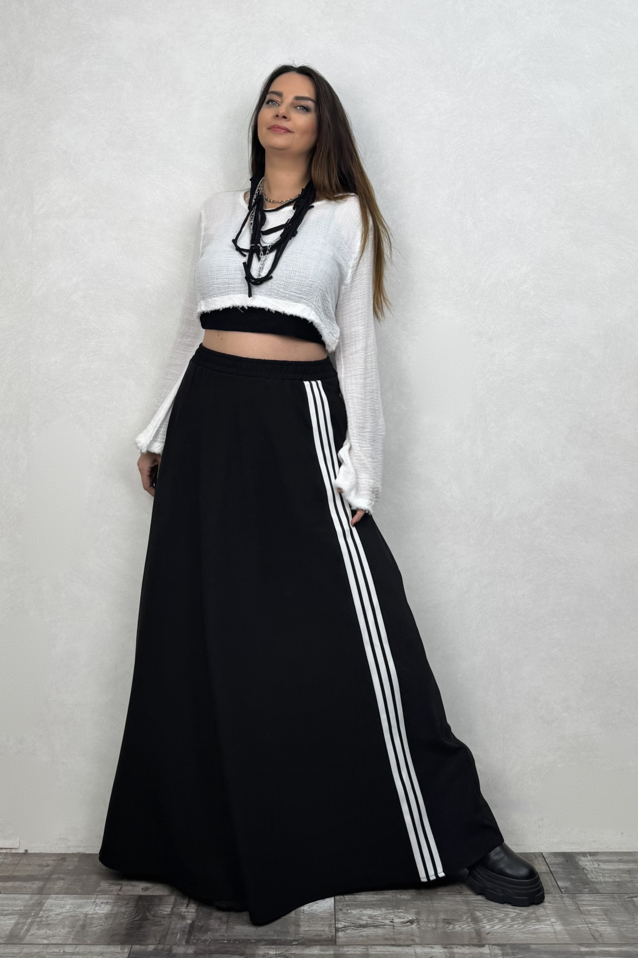 Şerit Detaylı Maxi Etek - Siyah